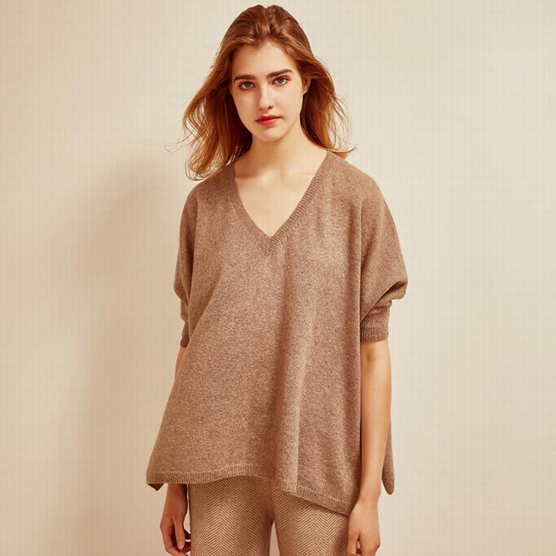 Pure cashmere sweater women Loose Pullover Short Sleeve V-neck Warm Soft Solid Sweaters Natural Fabric Free Shipping