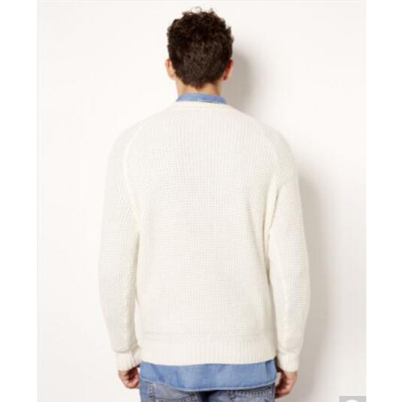 Pure Cashmere Sweater White Round Collar Winter Men Sweater
