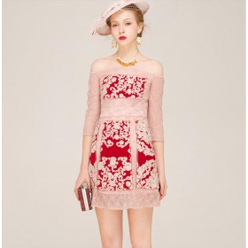 Soft Cotton Blended Pink Lace Red Dress Summer Fashion Clothing