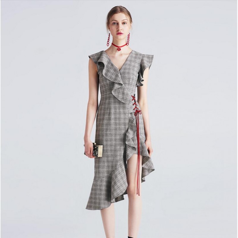 Viscose Party Dresses Gray Plaid Flouncy Women Summer Dress