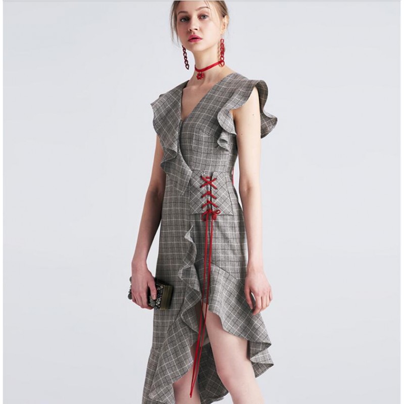 Viscose Party Dresses Gray Plaid Flouncy Women Summer Dress