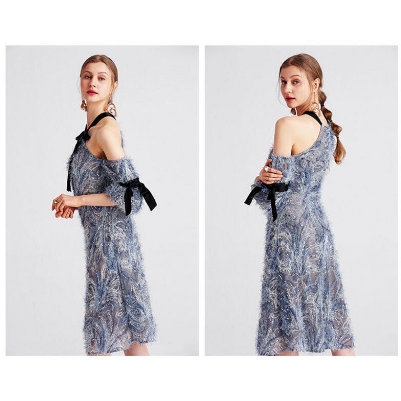 Silk Blended Blue Off Shoulder Lace Dress Summer Women Dress