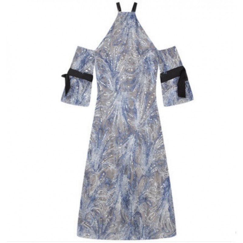 Silk Blended Blue Off Shoulder Lace Dress Summer Women Dress