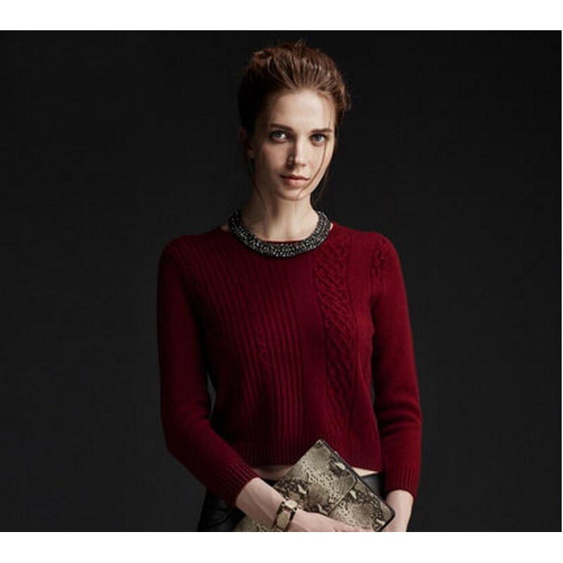 Pure Cashmere Sweater Red Round Collar Women Winter Sweater