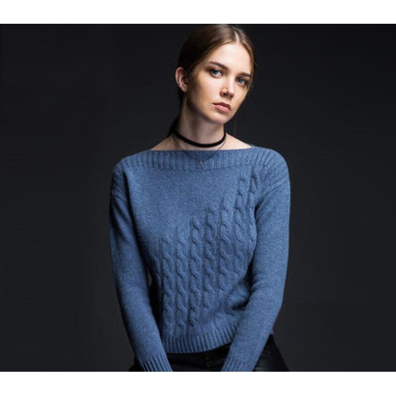 Pure Cashmere Sweater Navy Boat Neck Women Winter Sweater
