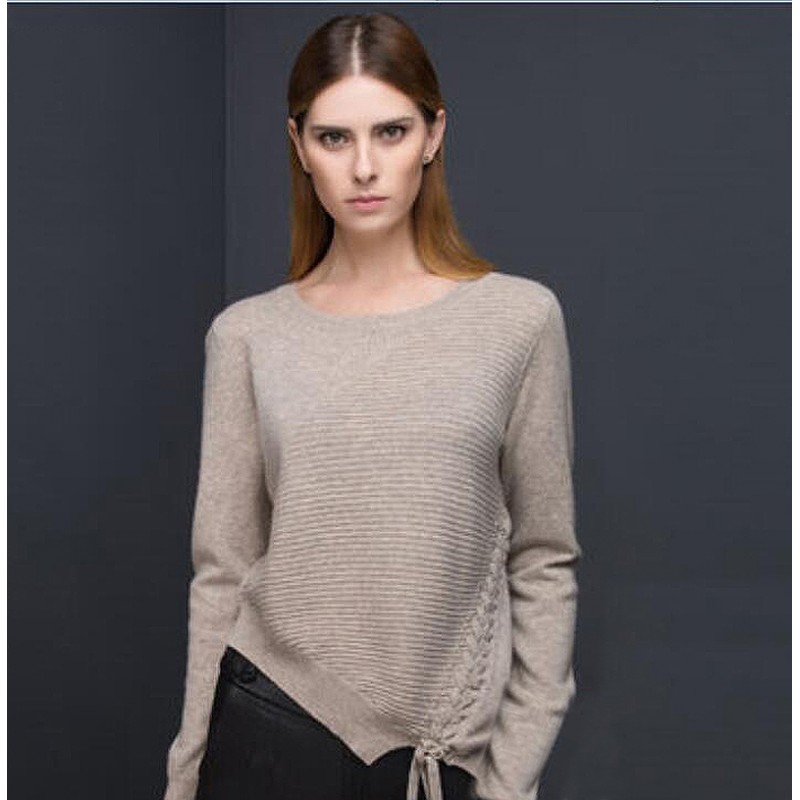 Pure Cashmere Sweater Gray V-neck Straps Women Winter Sweater