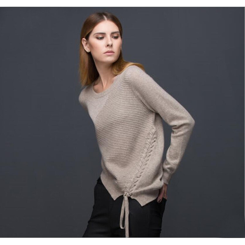 Pure Cashmere Sweater Gray V-neck Straps Women Winter Sweater
