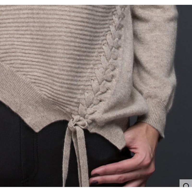 Pure Cashmere Sweater Gray V-neck Straps Women Winter Sweater