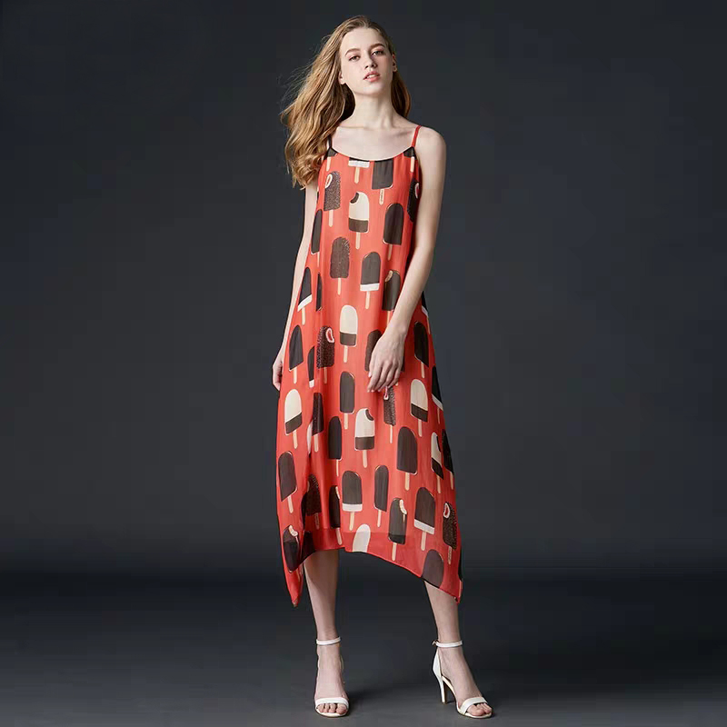 2019 Spring Summer Women Sleeveless Dress 100% Silk Sexy Bright Silk Suspender Open Back Long Dress High Quality Free Shipping