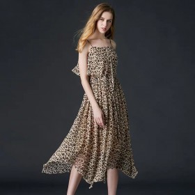 High Quality Fabric Woman Clothing Hot Selling 2019 New Summer Dress Women100% Silk Leopard - Print Suspender Open Back Dress