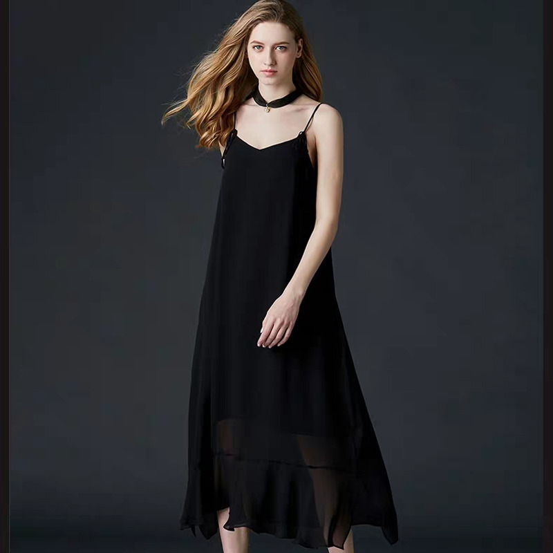 2019 New Summer Women Sleeveless Dress 100 silk Sexy Bright Silk Suspender Dress Open Back Dress High Quality Free Shipping