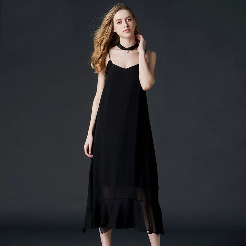 2019 New Summer Women Sleeveless Dress 100 silk Sexy Bright Silk Suspender Dress Open Back Dress High Quality Free Shipping