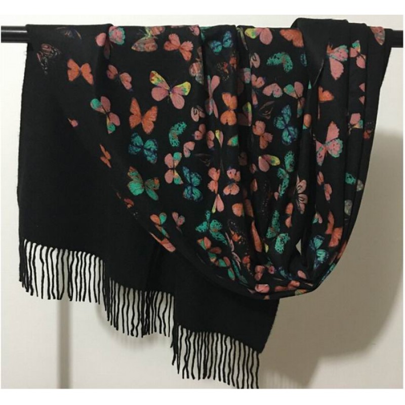 Pure Cashmere Scarves Black Butterfly Print Women Winter Scarf
