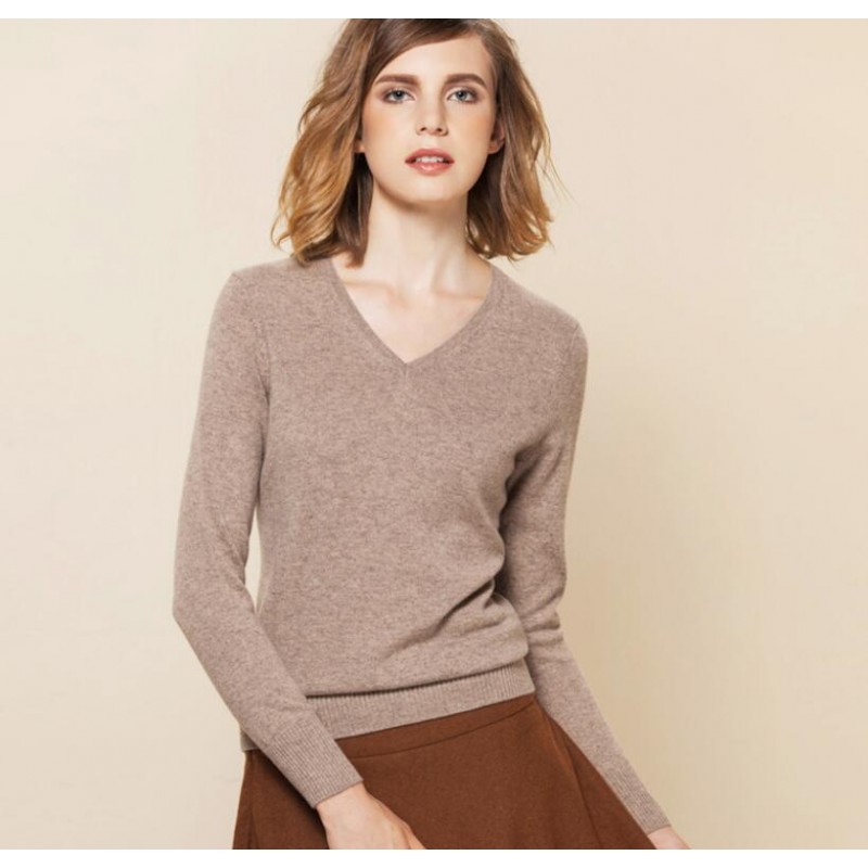 Pure Cashmere Sweater Brown V-neck Women Winter Sweater