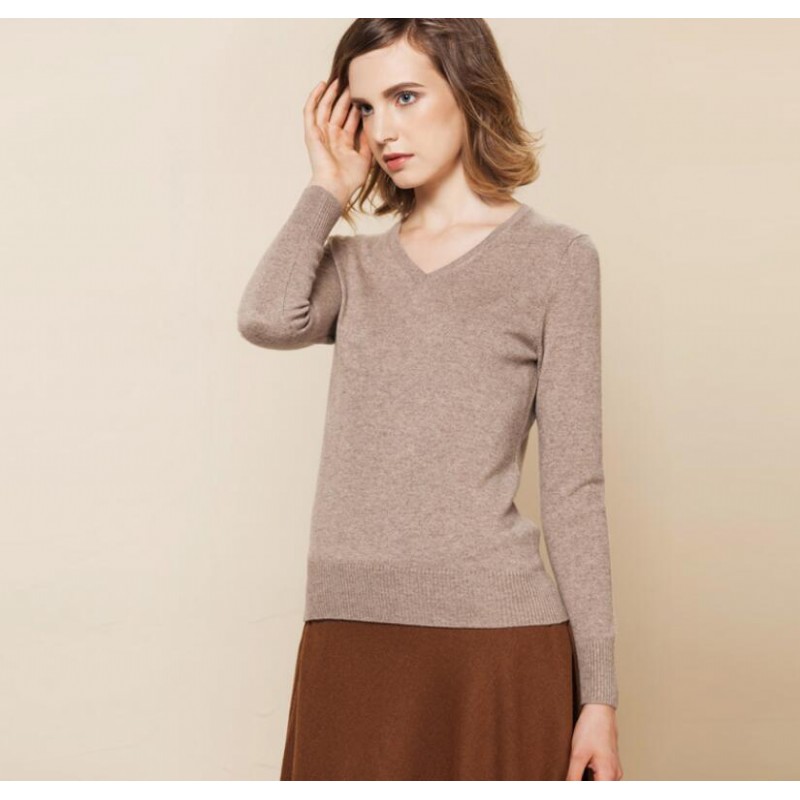 Pure Cashmere Sweater Brown V-neck Women Winter Sweater