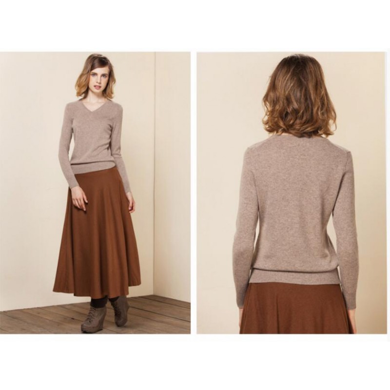 Pure Cashmere Sweater Brown V-neck Women Winter Sweater