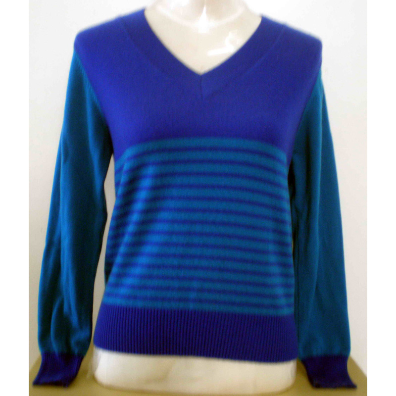 100%Cashmere Sweater Pullover Blue Stripe V-neck Lady Winter Sweater  
