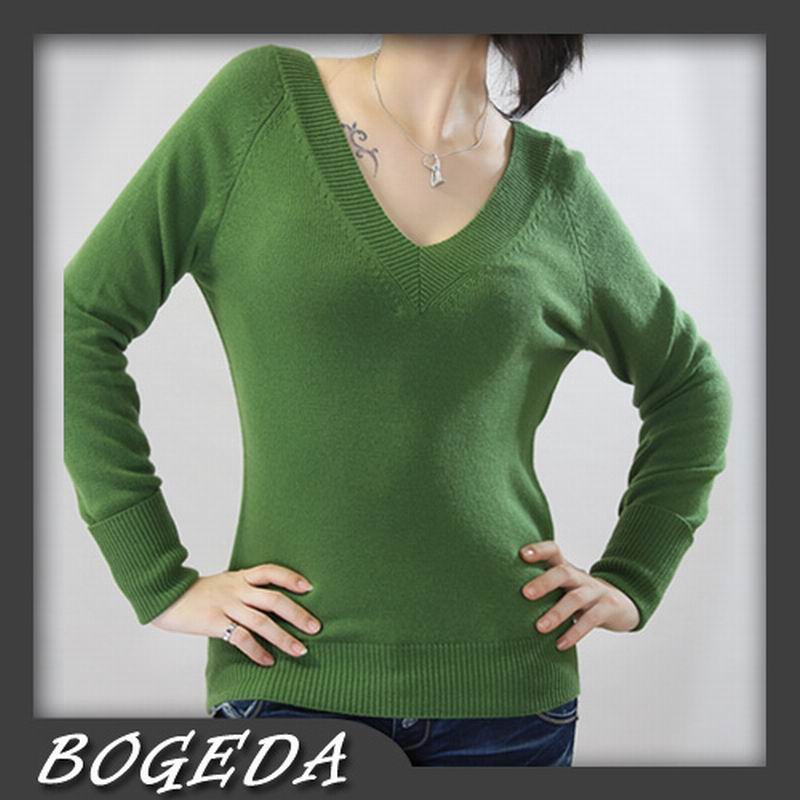 100%Cashmere Sweater Pullover Green Deep V-neck Lady Winter Sweater  