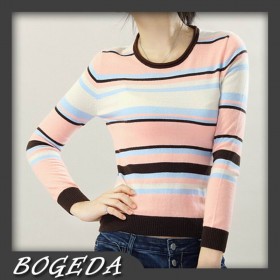 100%Cashmere Sweater Pullover O-neck Lady Winter Sweater Pink Stripe