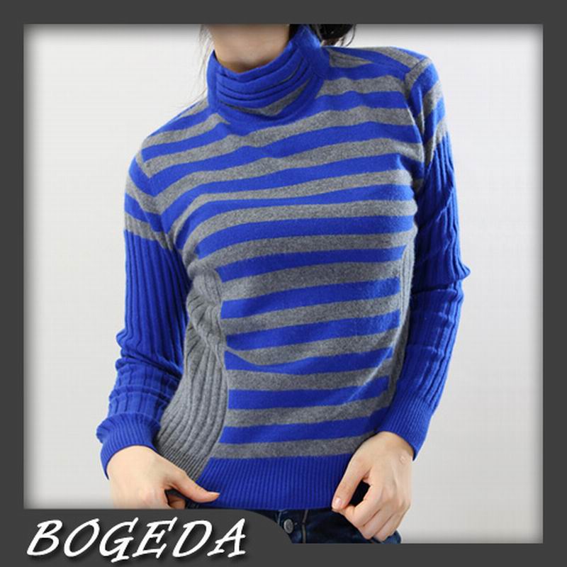 100%Cashmere Sweater Pullover Blue Stripe Turtleneck Lady Winter Sweater  