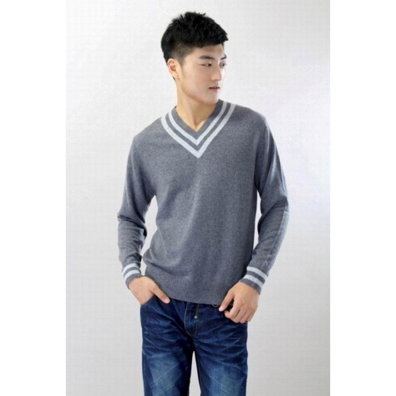 100%Cashmere Sweater Men Gray V-neck Pullover Winter Man Sweaters