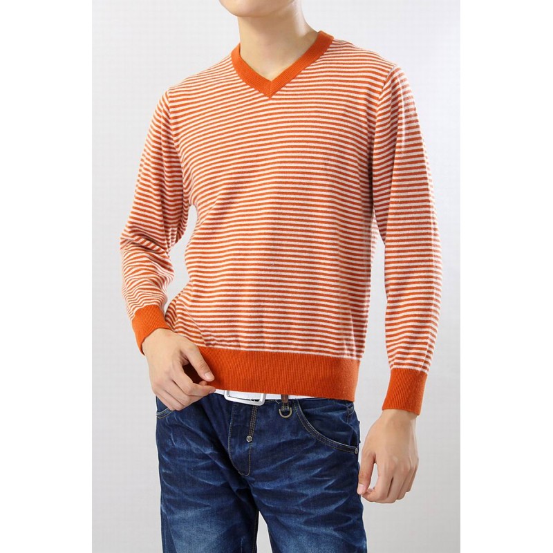100%Cashmere Sweater Men Orange Stripe V-neck Pullover Winter Man Sweaters 