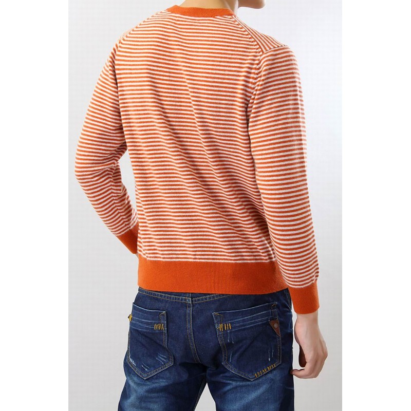 100%Cashmere Sweater Men Orange Stripe V-neck Pullover Winter Man Sweaters 