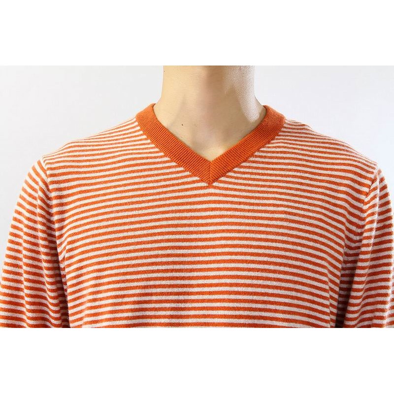 100%Cashmere Sweater Men Orange Stripe V-neck Pullover Winter Man Sweaters 