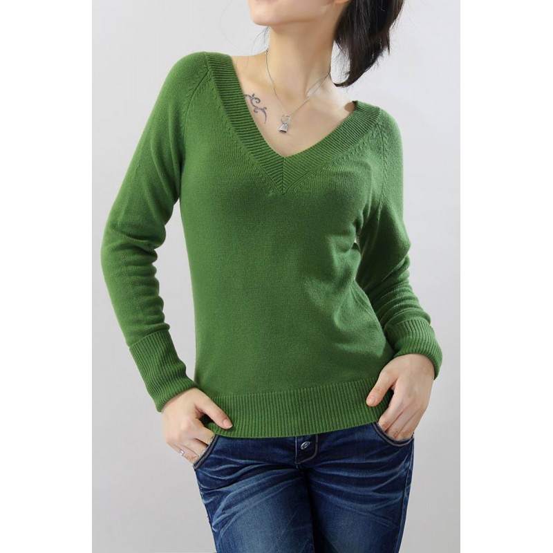 100%Cashmere Sweater Pullover Green Deep V-neck Lady Winter Sweater  