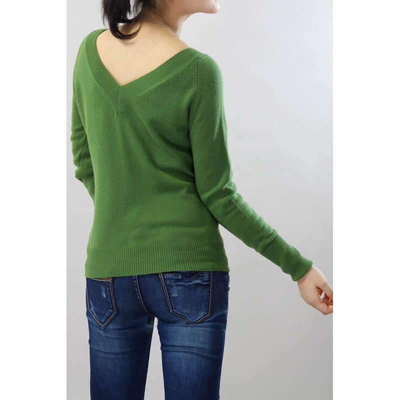 100%Cashmere Sweater Pullover Green Deep V-neck Lady Winter Sweater  