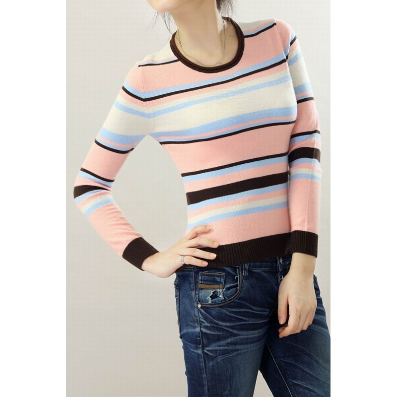 100%Cashmere Sweater Pullover O-neck Lady Winter Sweater Pink Stripe