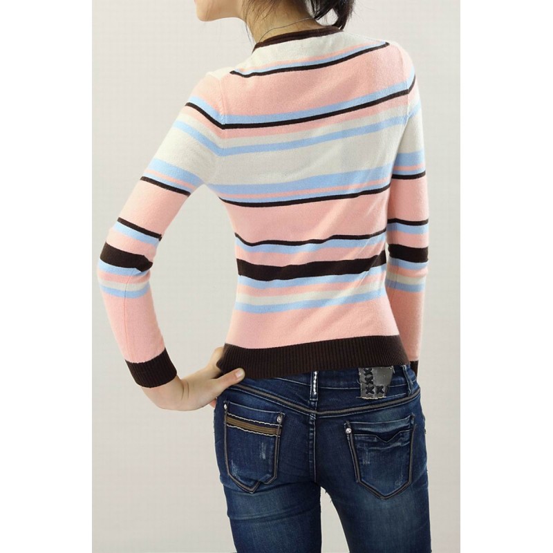 100%Cashmere Sweater Pullover O-neck Lady Winter Sweater Pink Stripe