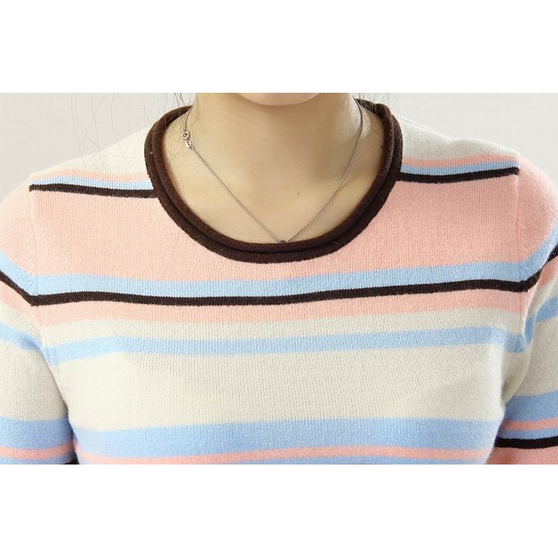 100%Cashmere Sweater Pullover O-neck Lady Winter Sweater Pink Stripe