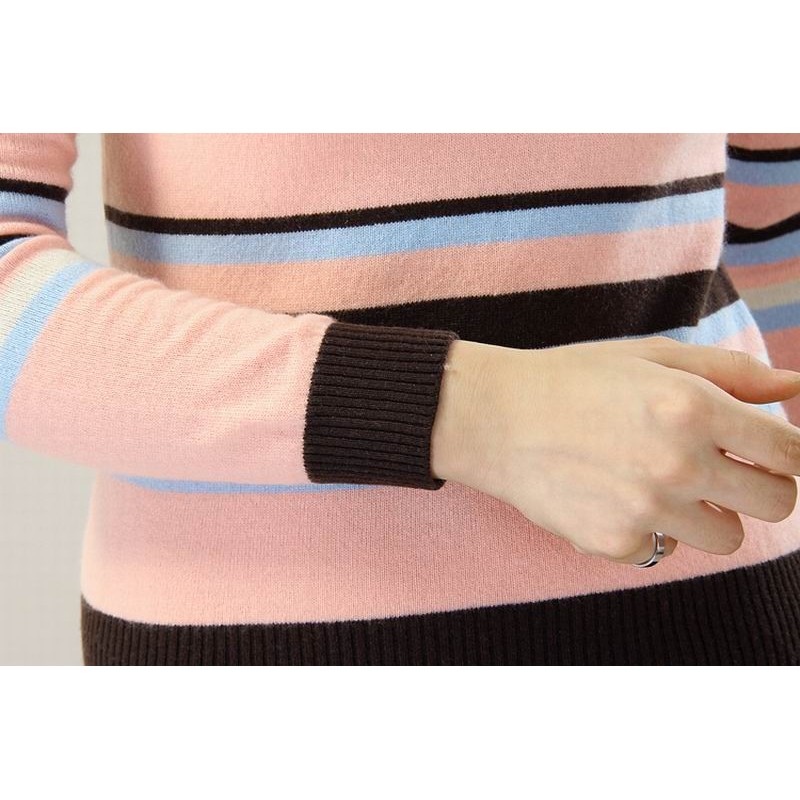 100%Cashmere Sweater Pullover O-neck Lady Winter Sweater Pink Stripe