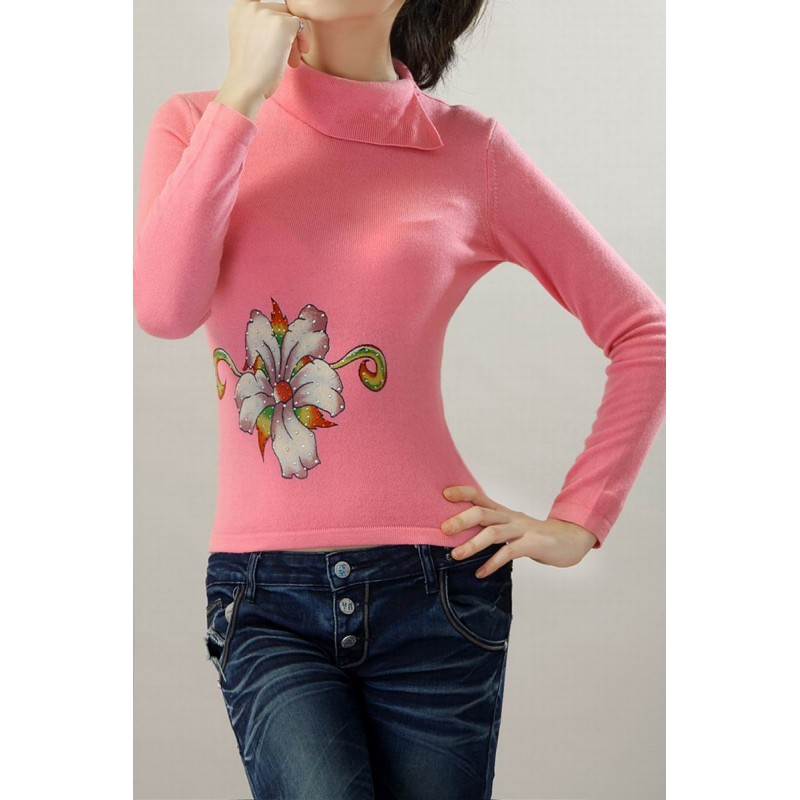 100%Cashmere Sweater Pullover Turndown neck Lady Winter Sweater pink 