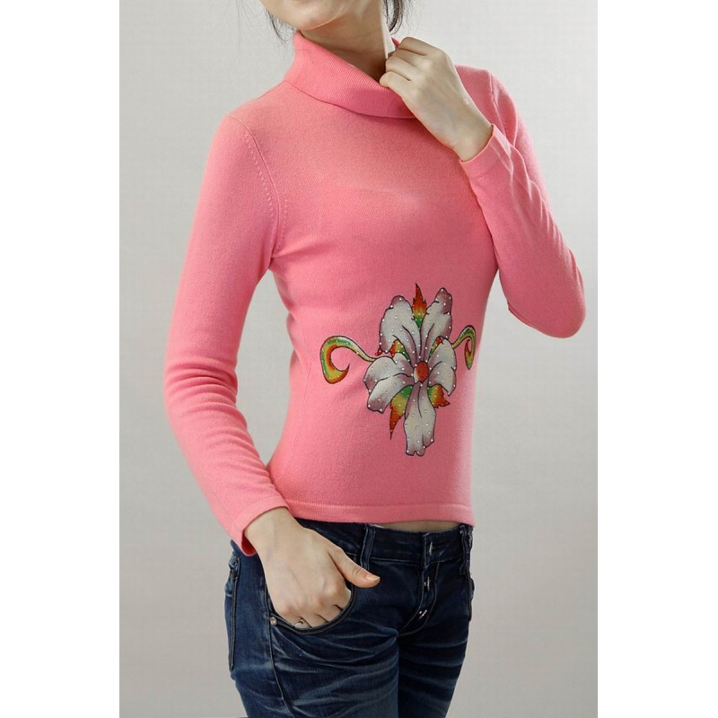 100%Cashmere Sweater Pullover Turndown neck Lady Winter Sweater pink 