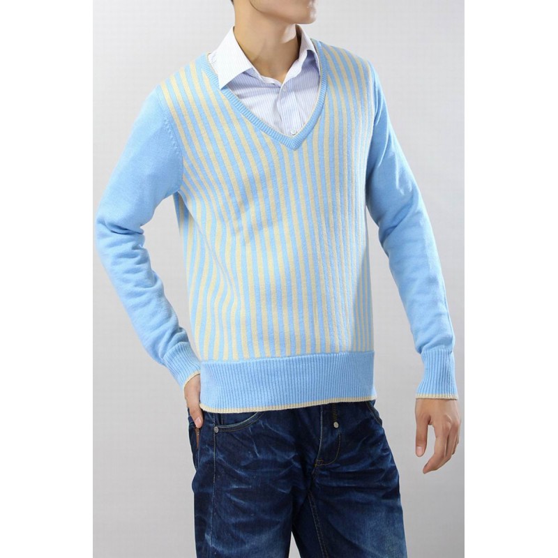 100%Cashmere Sweater Men Sky Blue V-neck Pullover Winter Man Sweaters