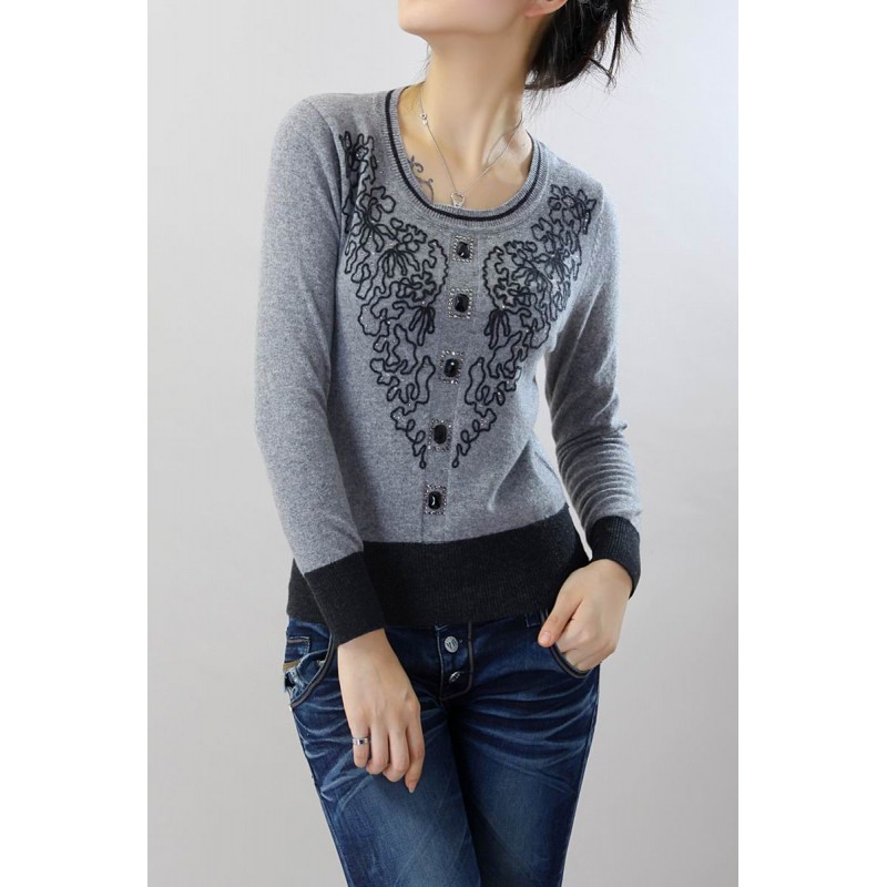 100%Cashmere Sweater Pullover O-neck Lady Winter Sweater Gray