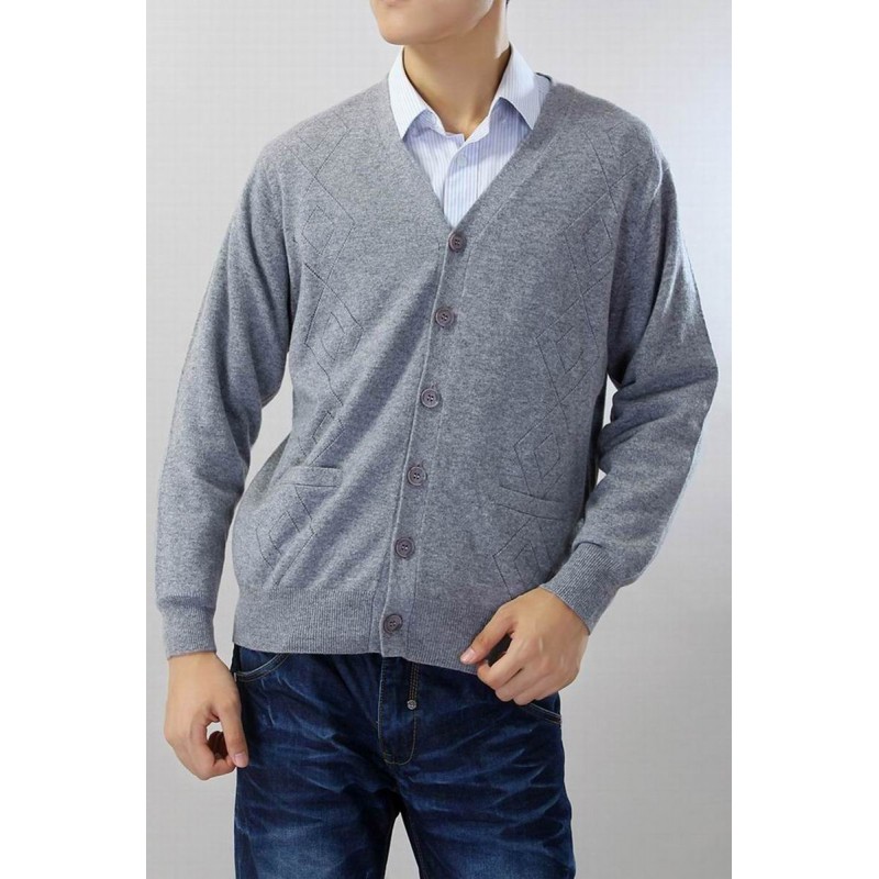 100%Cashmere Sweater Men Gray V-neck Cardigan Winter Man Sweaters 