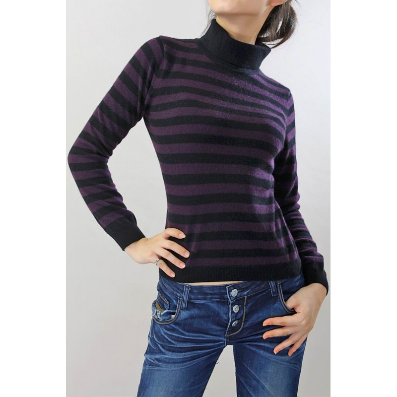 100%Cashmere Sweater Pullover Turtleneck Lady Winter Sweater Red Stripe