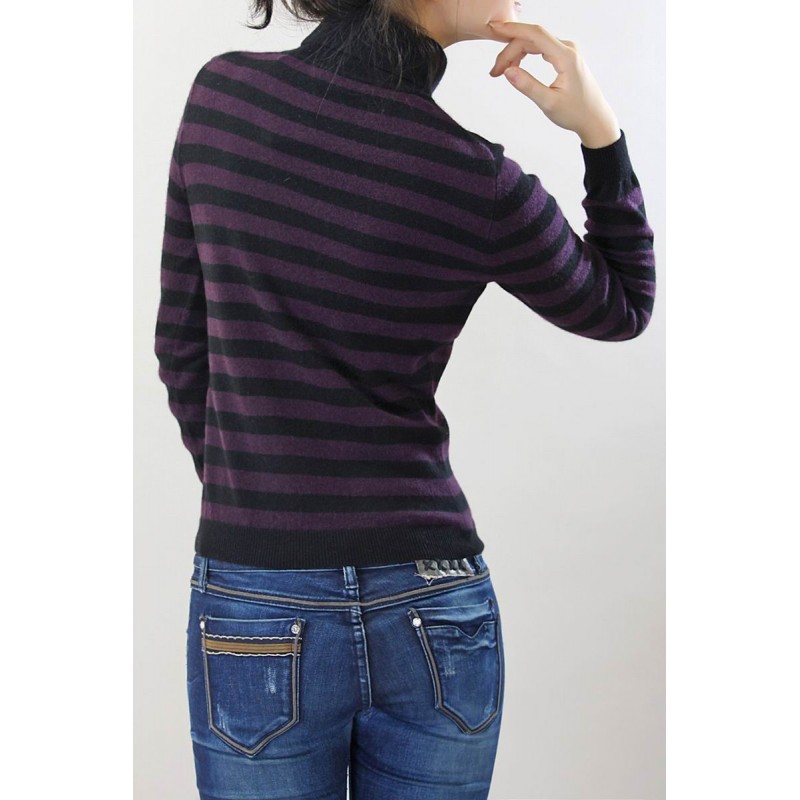 100%Cashmere Sweater Pullover Turtleneck Lady Winter Sweater Red Stripe