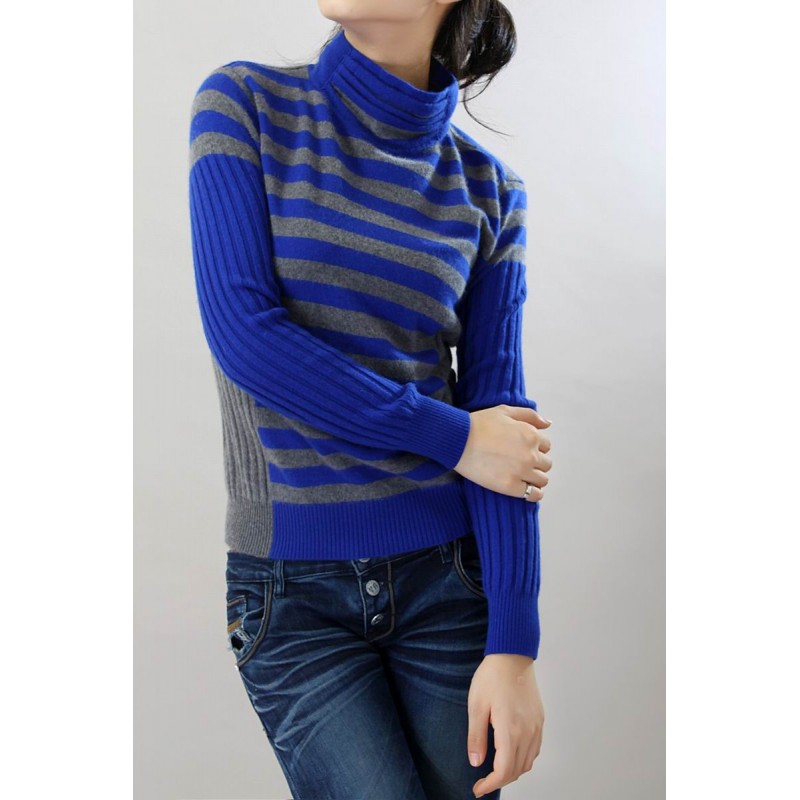 100%Cashmere Sweater Pullover Blue Stripe Turtleneck Lady Winter Sweater  