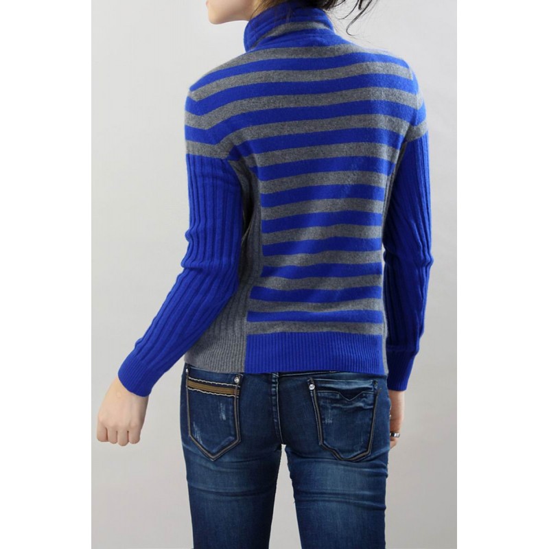 100%Cashmere Sweater Pullover Blue Stripe Turtleneck Lady Winter Sweater  