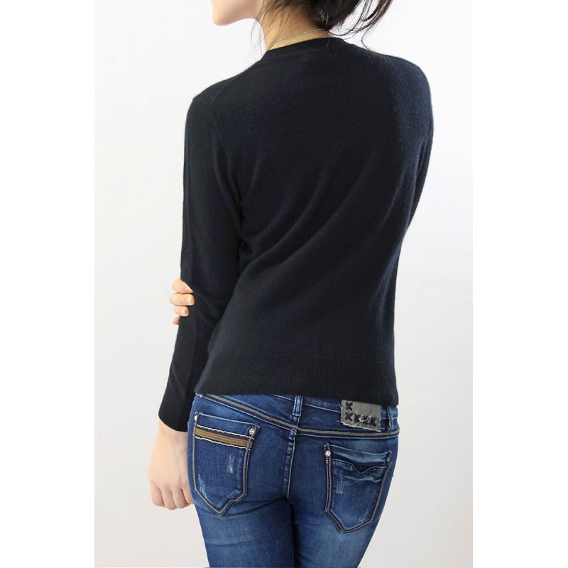 100%Cashmere Sweater Cardigan Black O-neck Lady Winter Sweater  