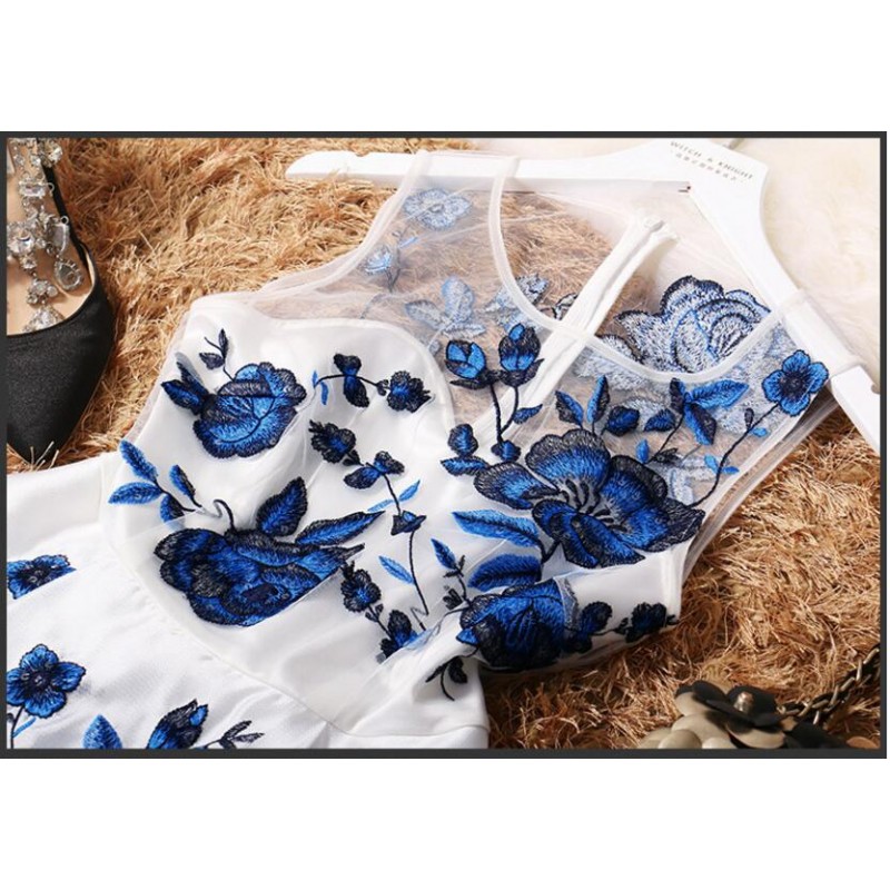 Viscose Party Dresses Blue Embroidery Women Summer Dress