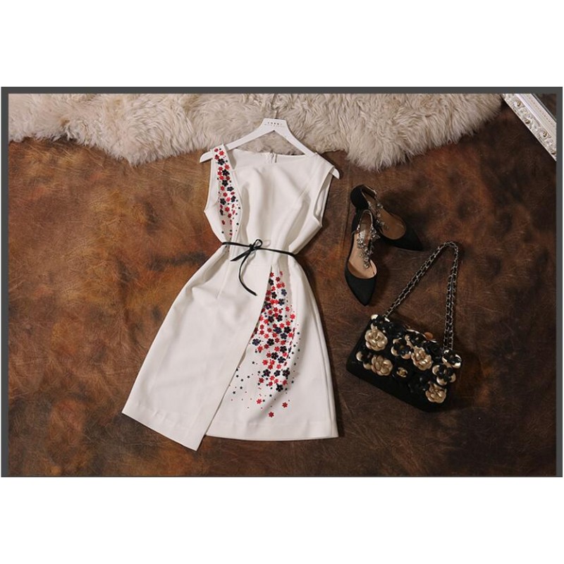 Viscose Party Dresses White Sleeveless Print Women Summer Dress