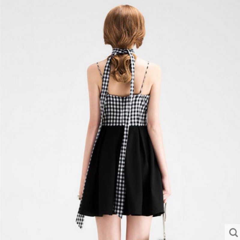 Soft Chiffon Dress Black Plaid Vest Lady Summer Dress