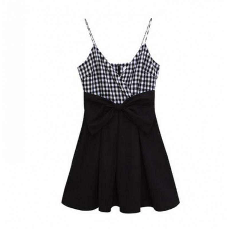 Soft Chiffon Dress Black Plaid Vest Lady Summer Dress
