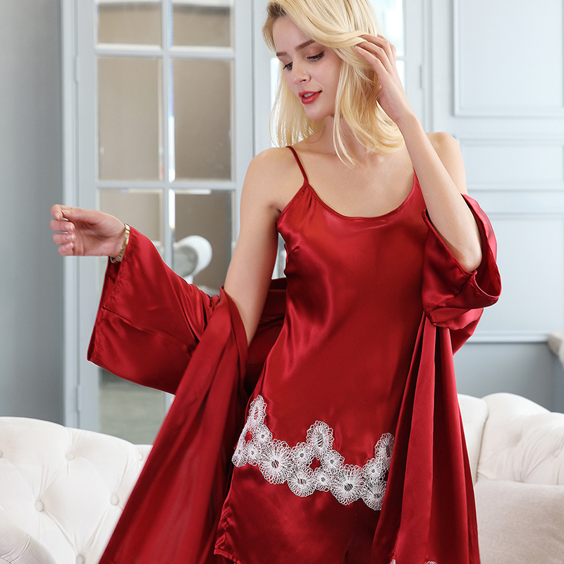 100%Silk Pajamas Dress Red Women Nightgown Dress Summer Free Shipping